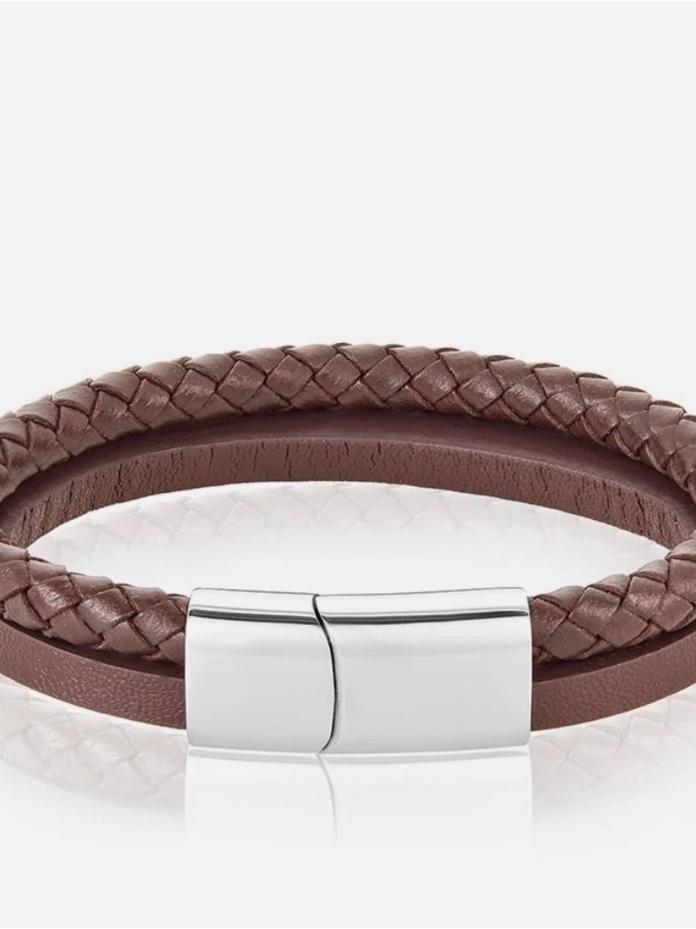 Men's Brown Braided & Smooth Leather Bracelet with Silver Clasp